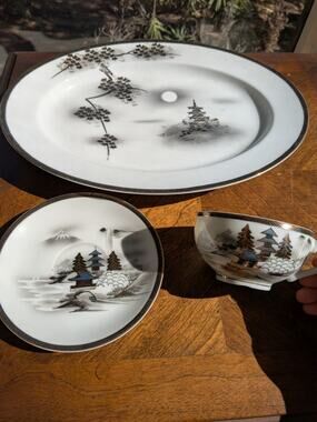 Vintage Kutani Hand Painted Japan Platter & Teacup Set - Monochrome Mt Fuji